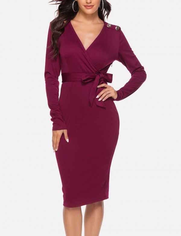 V-neck solid color long-sleeved button-decorated belt long-sleeved bodycon dress