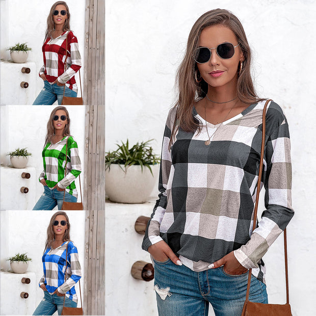 Comfortable long-sleeved women's plaid contrast color cotton and linen top