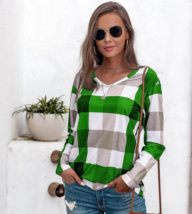 Comfortable long-sleeved women's plaid contrast color cotton and linen top