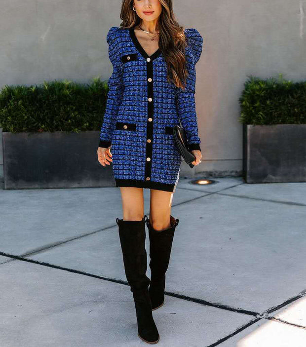 Fashionable Commuter Blue Plaid Cardigan Covered Hip Dress