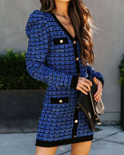 Fashionable Commuter Blue Plaid Cardigan Covered Hip Dress