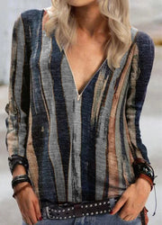 Fashion casual tie-dye stripe printing long-sleeved T-shirt V-neck zipper top women