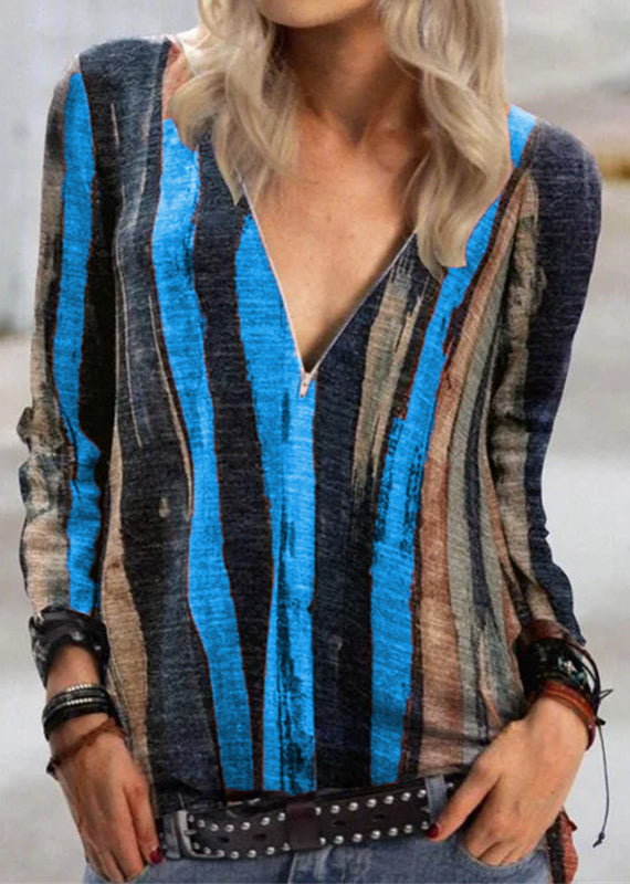 Fashion casual tie-dye stripe printing long-sleeved T-shirt V-neck zipper top women