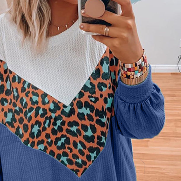 Fashion leopard print contrast color stitching round neck loose sweater women