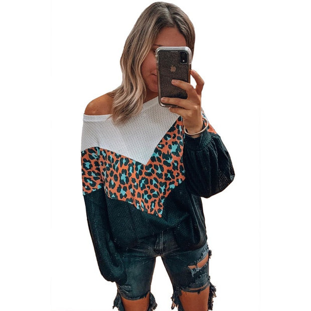 Fashion leopard print contrast color stitching round neck loose sweater women