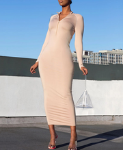 Sexy tight-fitting zipper long-sleeved bag bodycon dress
