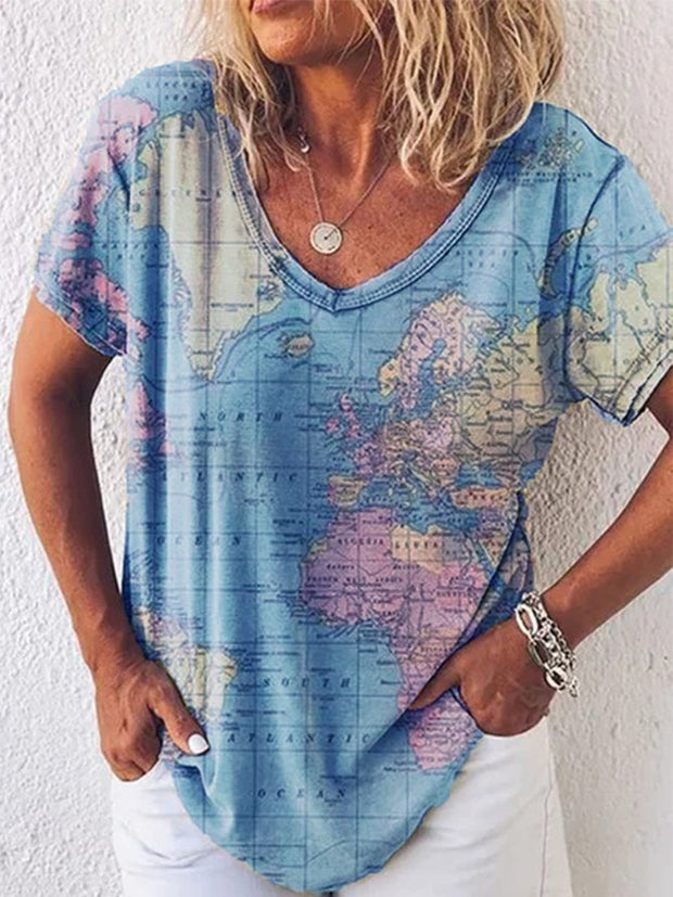 Map printing V-neck short-sleeved bottoming shirt T-shirt women's top
