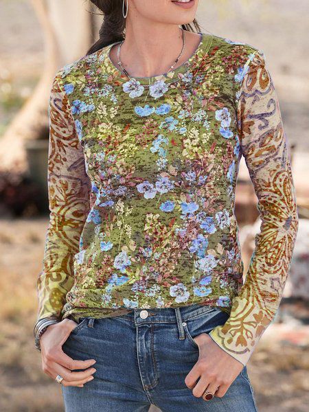 Fashion casual all-match print round neck pullover long sleeve T-shirt
