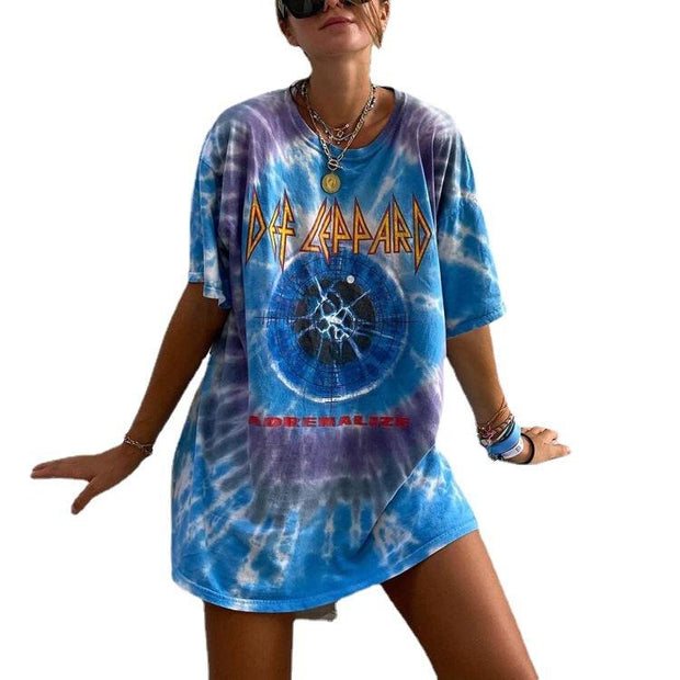 Casual round neck short sleeve printed long pullover women's T-shirt