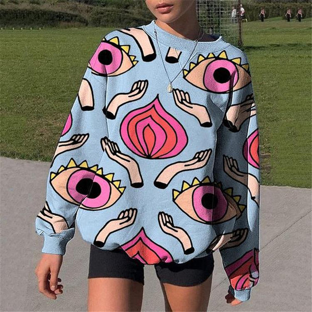 Fashion printed round neck long-sleeved mid-length sweater