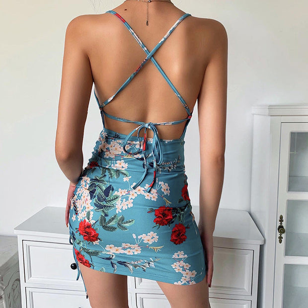 Fashion sexy floral print halter strap dress