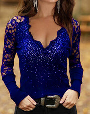 Fashion casual sexy off-shoulder long-sleeved pullover Slim V-neck lace bottoming shirt women