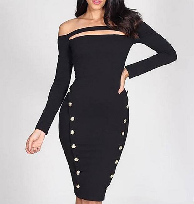 Fashion sexy double-breasted button tight-fitting bodycon dress