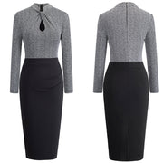 Elegant temperament intellectual dress retro hollow stand collar hit color OL office slim bag hip pencil skirt