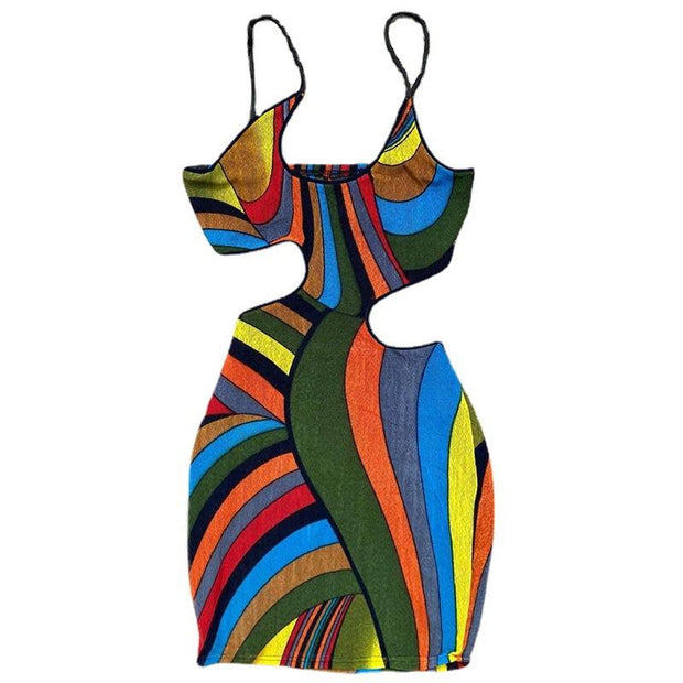One-shoulder abstract print suspender skirt temperament hollow out waist dress