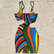 One-shoulder abstract print suspender skirt temperament hollow out waist dress