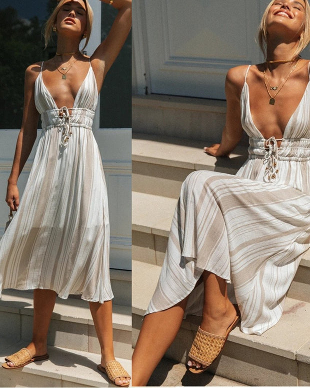 Women's spring and summer lace-up  V-neck dress