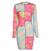 Women's round neck long-sleeved printed dress
