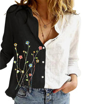 Fashion contrast color printing lapel long sleeve shirt women