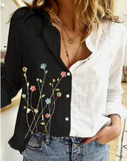 Fashion contrast color printing lapel long sleeve shirt women