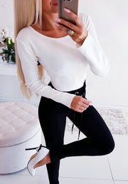 Sexy waist round neck solid color long sleeve top