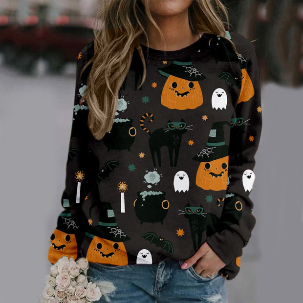 Halloween pumpkin crew neck print long sleeve sweatshirt women