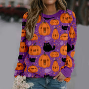 Halloween pumpkin crew neck print long sleeve sweatshirt women