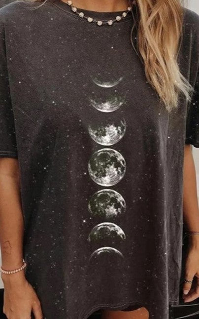 Fashion printed moon pattern loose round neck t-shirt