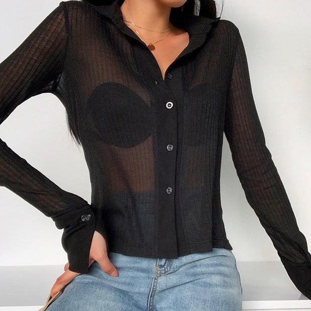 Sexy see-through pit striped long-sleeved top