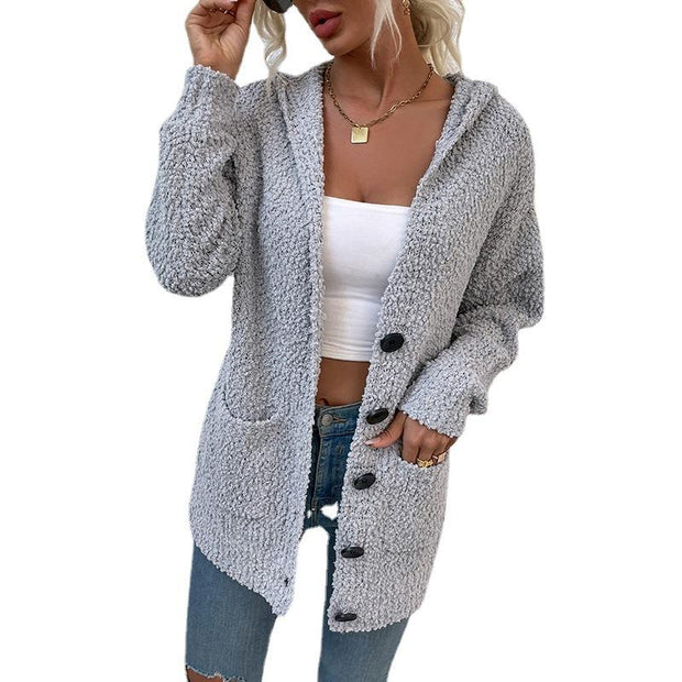 Single-breasted buttoned hooded sweater cardigan