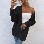 Single-breasted buttoned hooded sweater cardigan