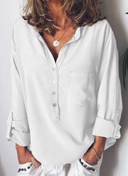 Fashion casual solid color long sleeve loose V-neck shirt women