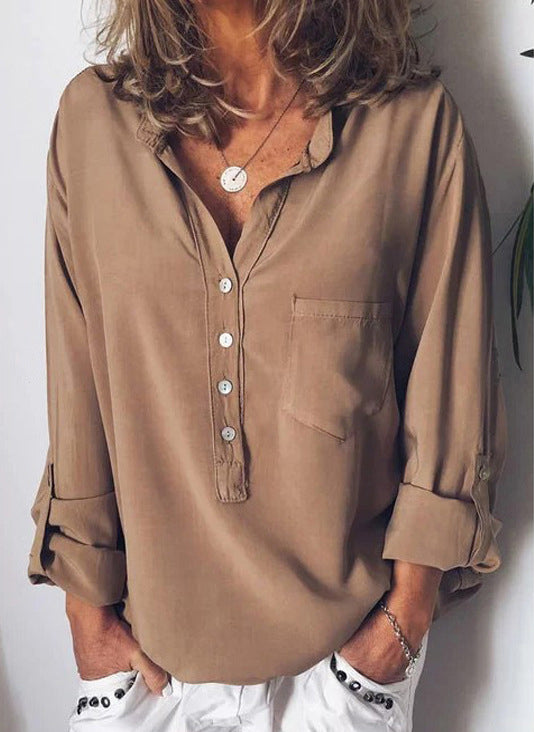 Fashion casual solid color long sleeve loose V-neck shirt women
