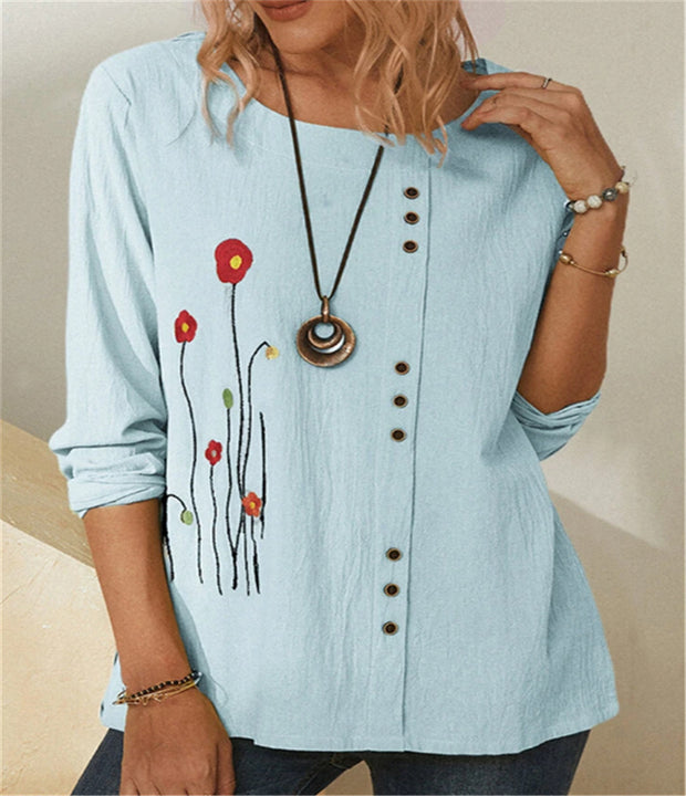 Fashion casual retro cotton and linen printed loose long-sleeved shirt women