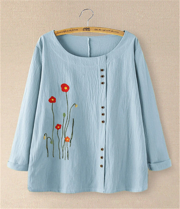 Fashion casual retro cotton and linen printed loose long-sleeved shirt women