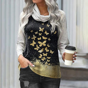 Women's stitching long-sleeved pile neck top striped sleeve printed T-shirt
