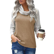 Women's stitching long-sleeved pile neck top striped sleeve printed T-shirt