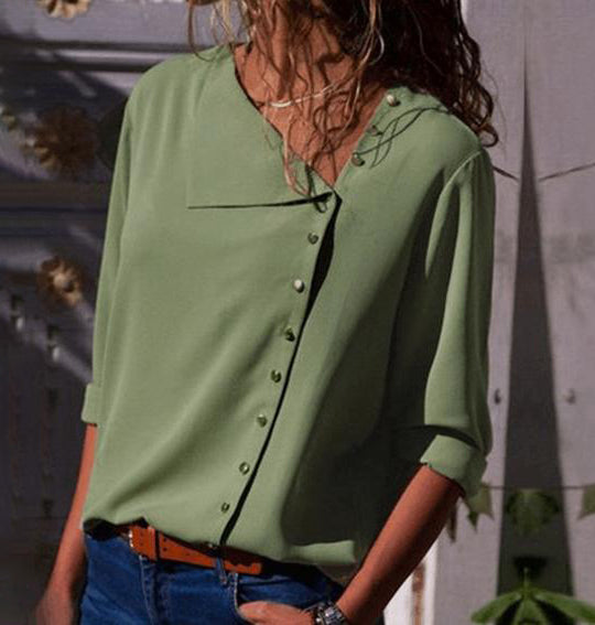Fashion temperament button irregular oblique collar long sleeve blouse