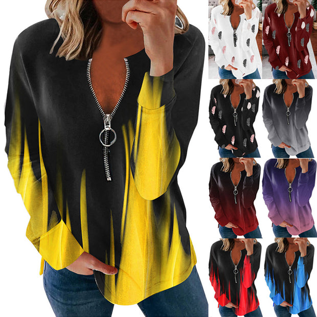 V-neck long-sleeved faded flame loose zipper T-shirt