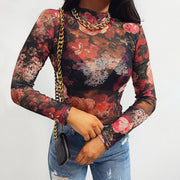 Flower-print mesh half-high neck long-sleeved slim waist top