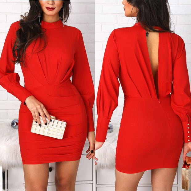 OL halter neck female red dress button Bodycon long-sleeved dress ruffled evening dress