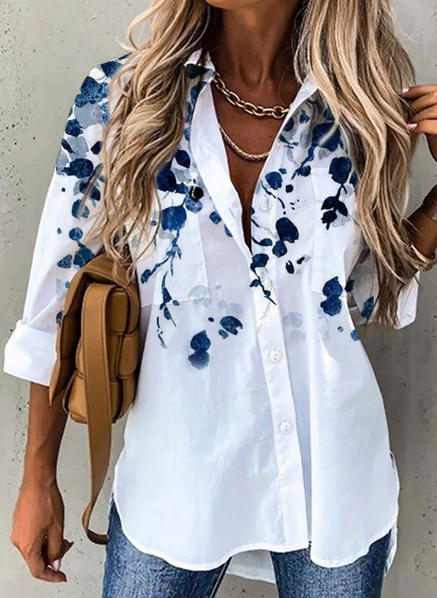 Long Sleeve Floral-Print Shirt Collar Casual Shirts & Tops