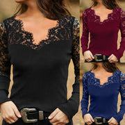 Temperament commuter pullover V-neck lace mesh bottoming shirt