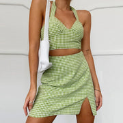 Fashion High Waist Plaid Skirt Sexy Short Summer Halter Camisole Set