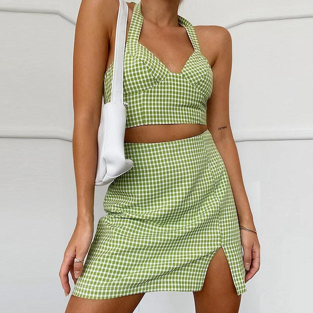 Fashion High Waist Plaid Skirt Sexy Short Summer Halter Camisole Set