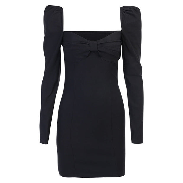 French retro bow sexy dress with thin black skirt