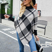 Color-blocking plaid cape bat sleeves pullover knit shawl women