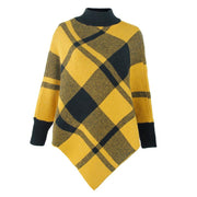 Color-blocking plaid cape bat sleeves pullover knit shawl women