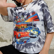 Personalized loose mid-length tie-dye car print pullover short-sleeved t-shirt