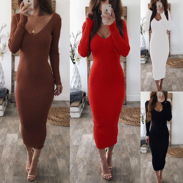 Sexy Round Neck Long Sleeve Knitted Bodycon Dress